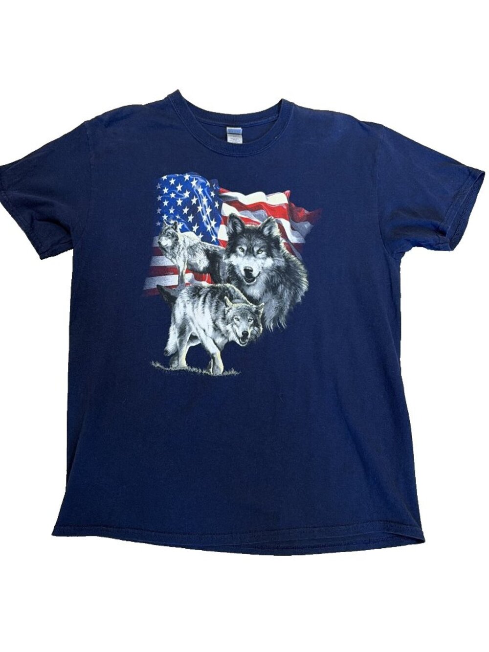 Vintage Wolf Pack USA Flag Graphic T Shirt Men's Size L Navy Nature Patriotic